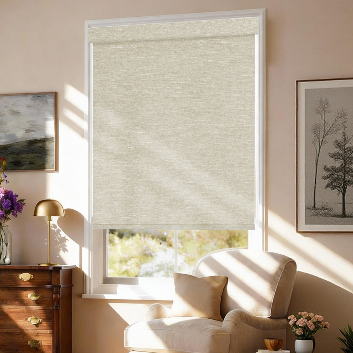 AOSKY No Drill No Tools Roller Shade Khaki side room scene 