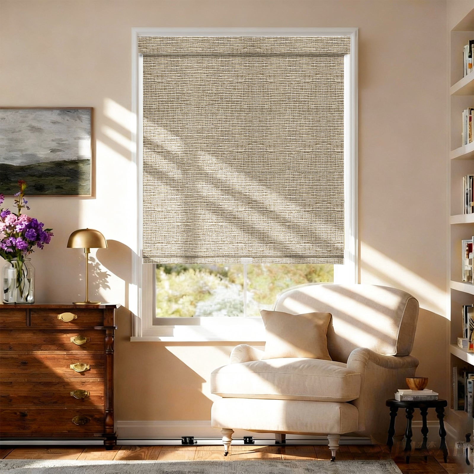 AOSKY No Drill No Tools Roller Shade Latte front room scene 