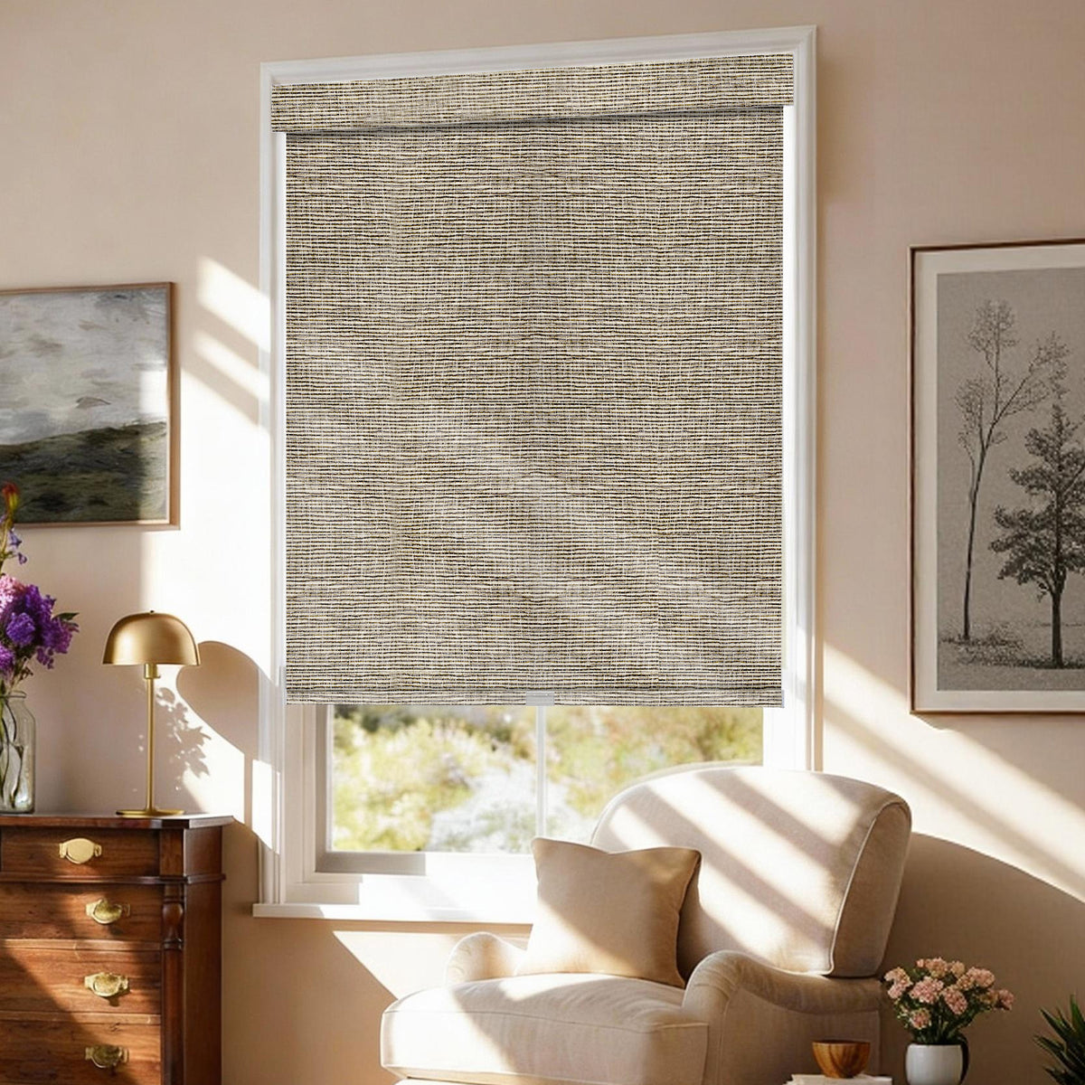 AOSKY No Drill No Tools Roller Shade Latte side room scene 