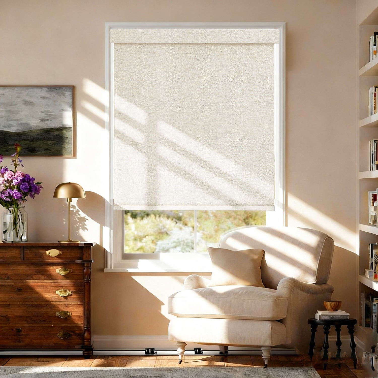 AOSKY No Drill No Tools Roller Shade Light Beige front room scene 