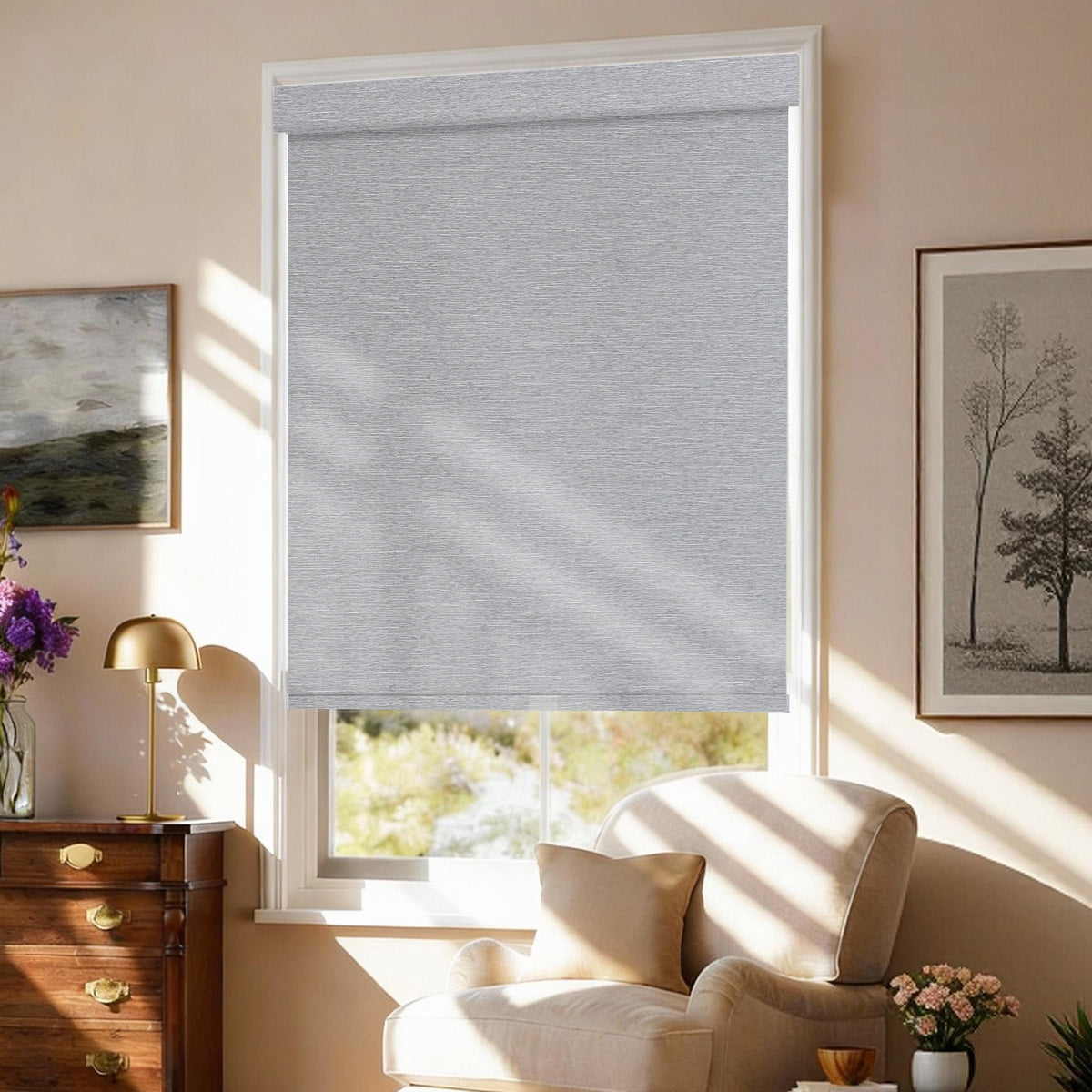 AOSKY No Drill No Tools Roller Shade Light Grey side room scene 