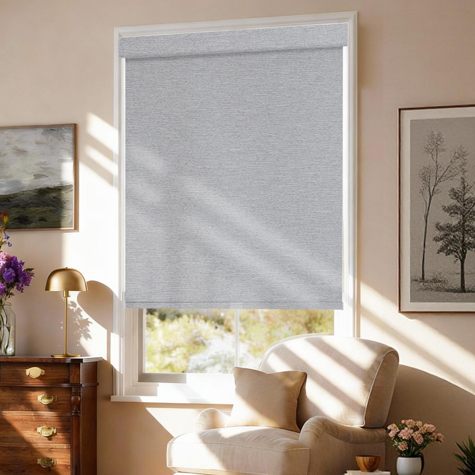 AOSKY No Drill No Tools Roller Shade Light Grey side room scene 