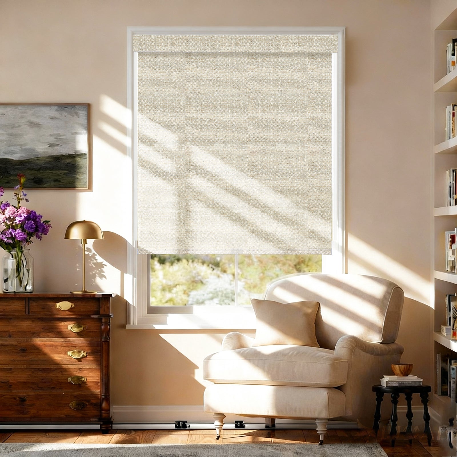 AOSKY No Drill No Tools Roller Shade Light Khaki front room scene 