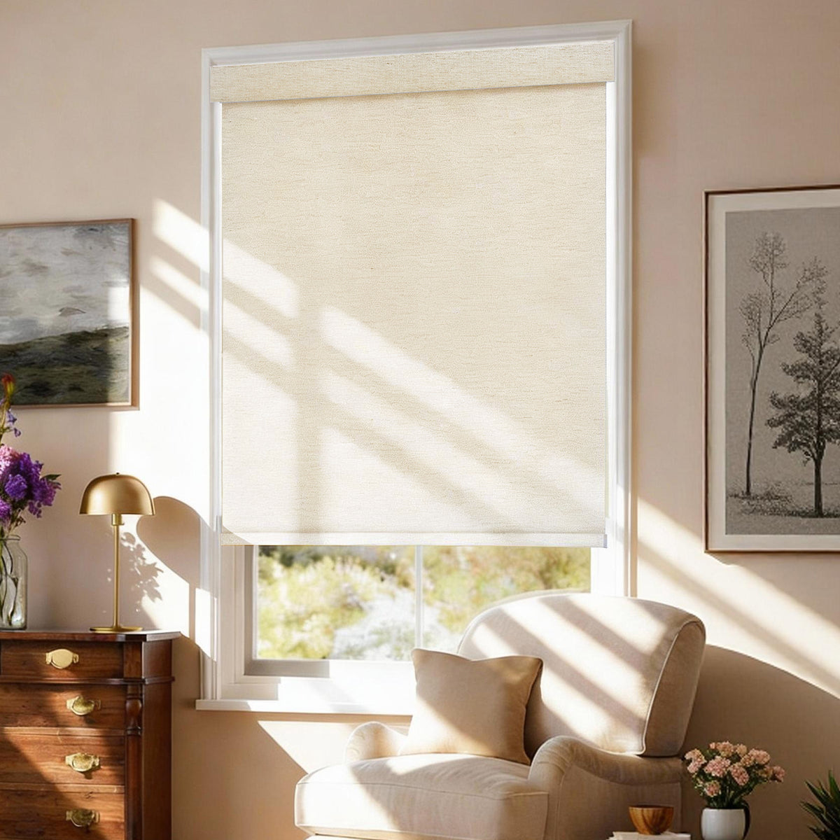 AOSKY No Drill No Tools Roller Shade Light Khaki side room scene 