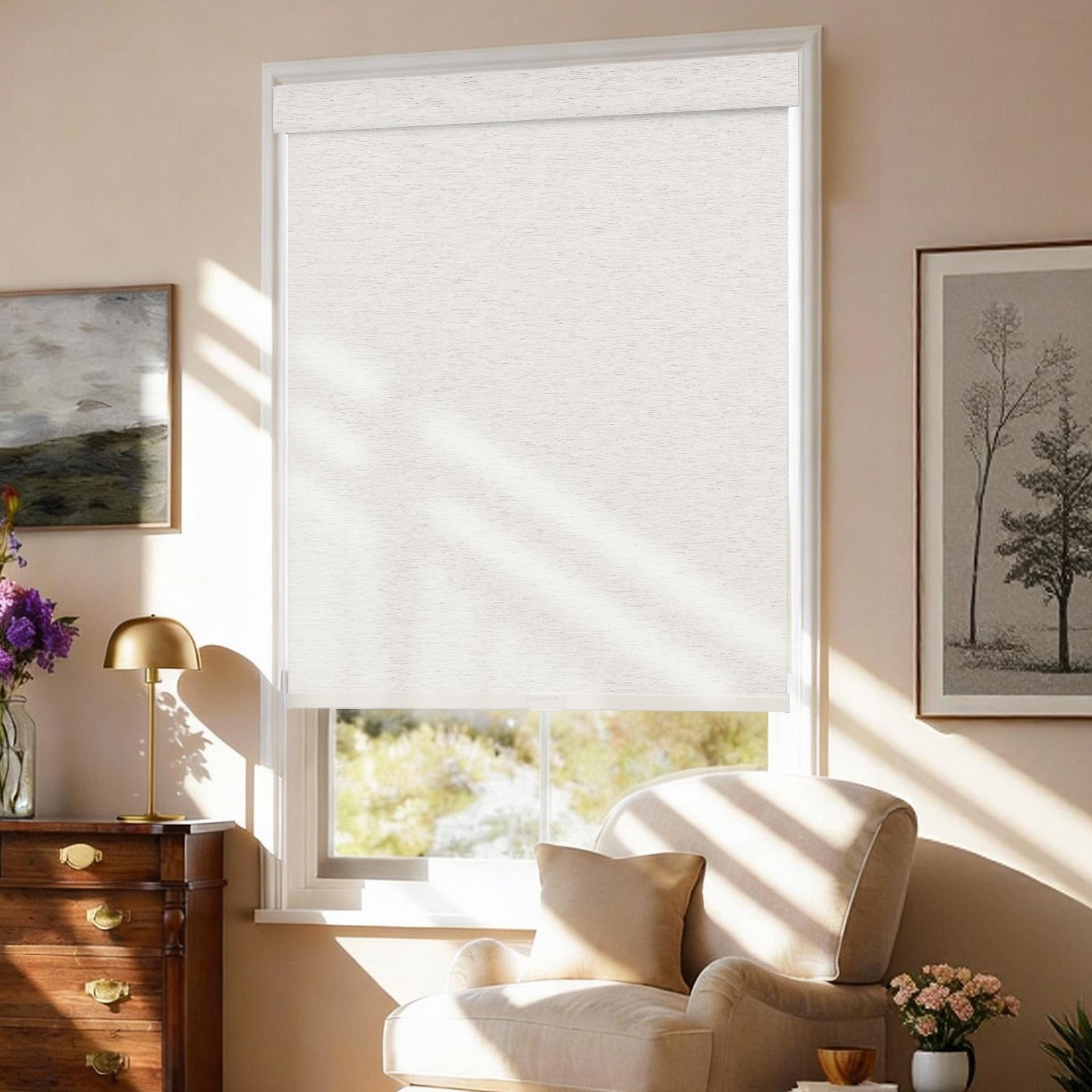 AOSKY No Drill No Tools Roller Shade Linen side room scene 