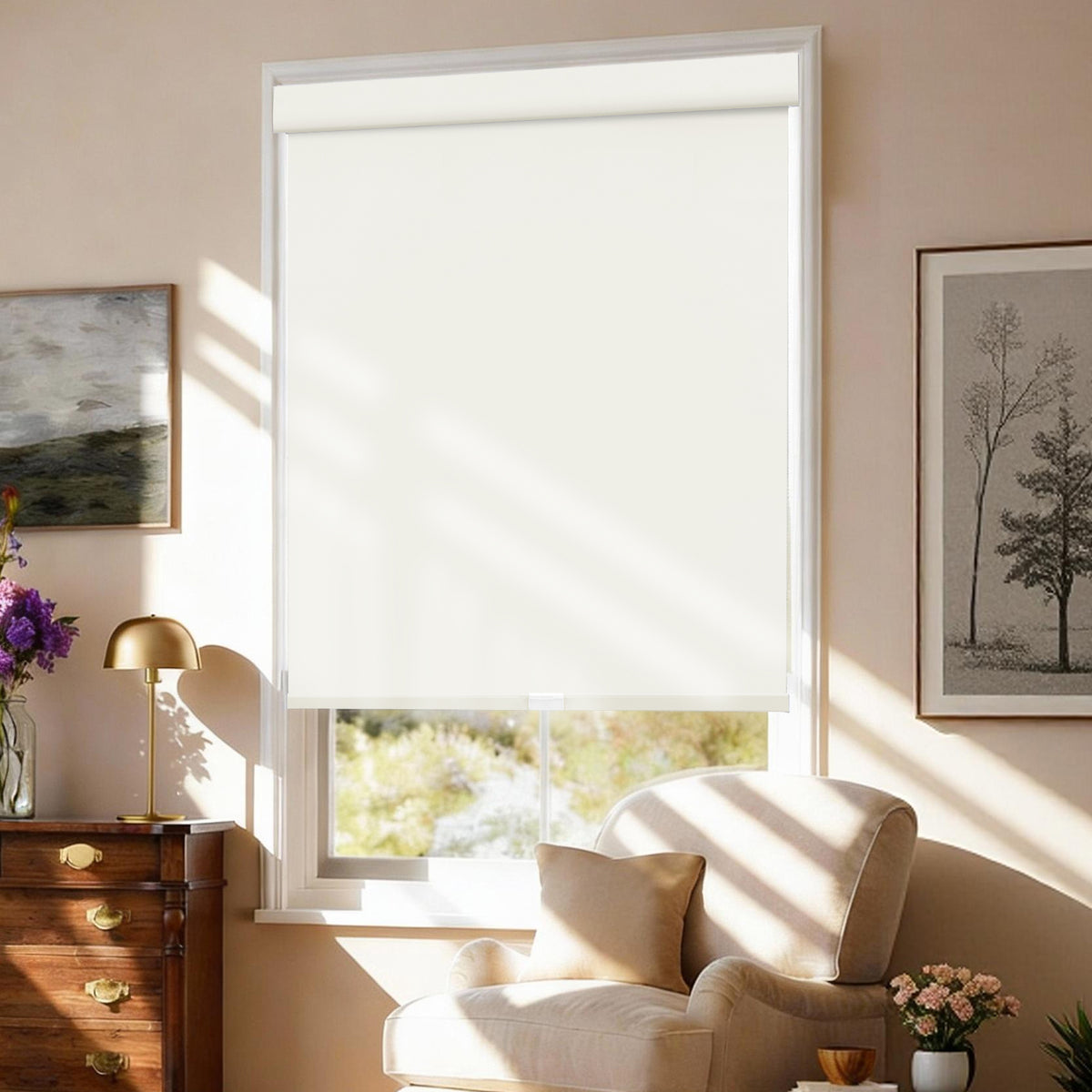 AOSKY No Drill No Tools Roller Shade Pure Beige side room scene 