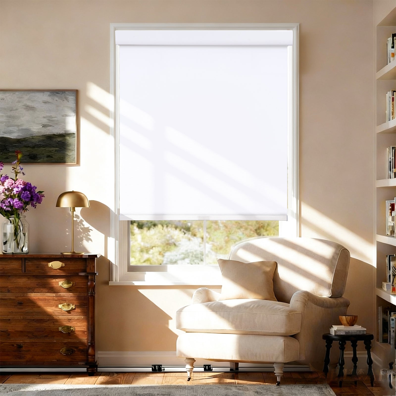 AOSKY No Drill No Tools Roller Shade Pure White front room scene 