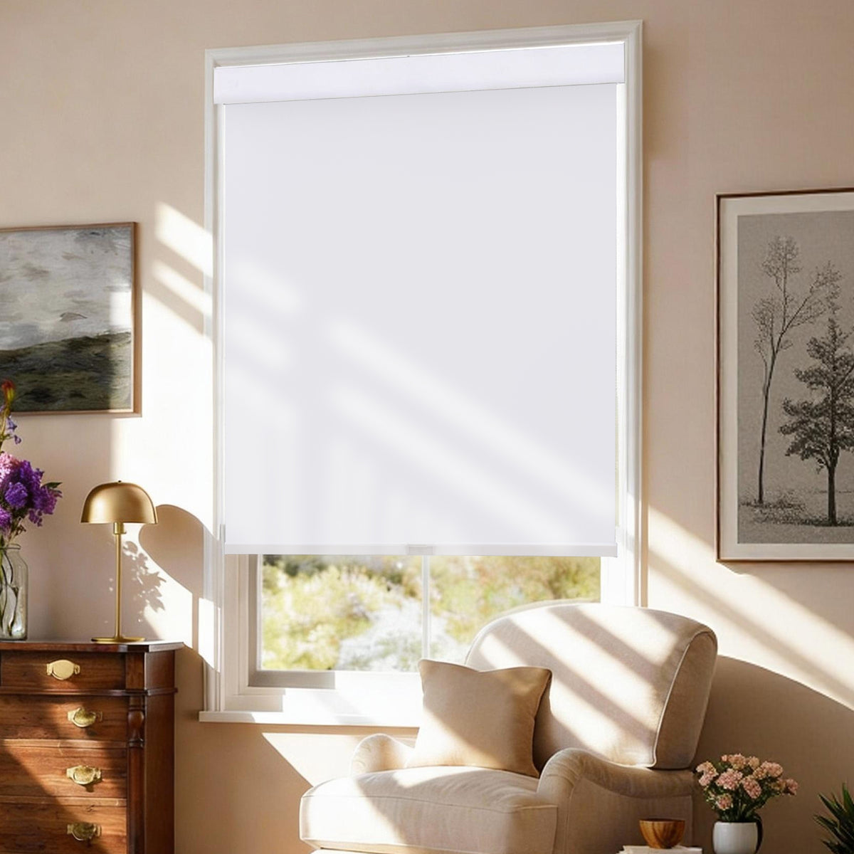 AOSKY No Drill No Tools Roller Shade Pure White side room scene 
