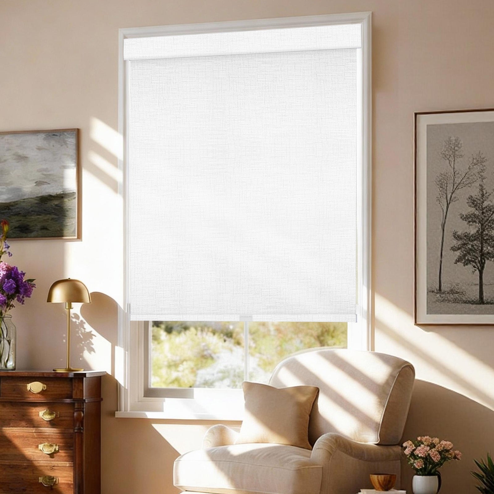 AOSKY No Drill No Tools Roller Shade Snow White side room scene 