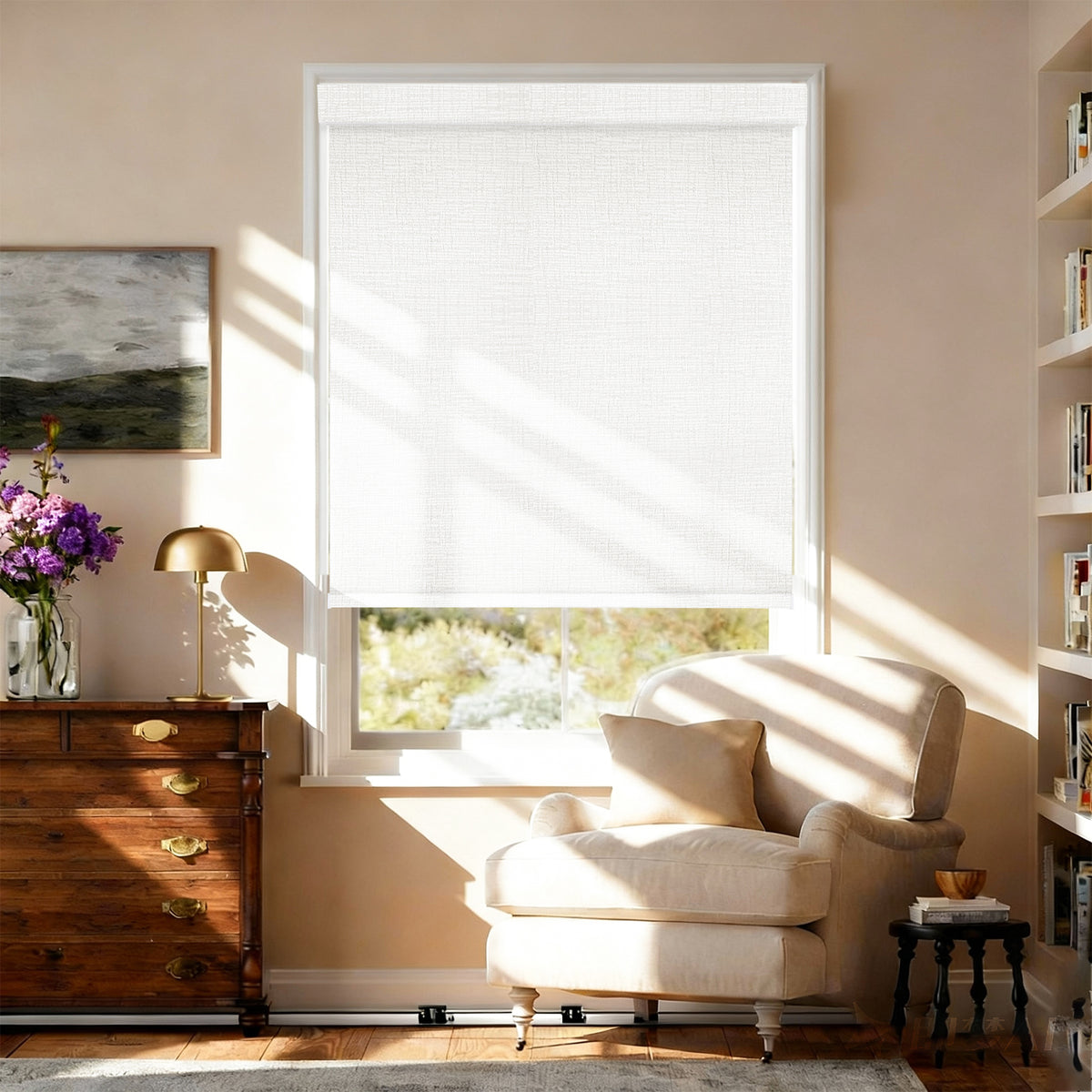 AOSKY No Drill No Tools Roller Shade White front room scene 