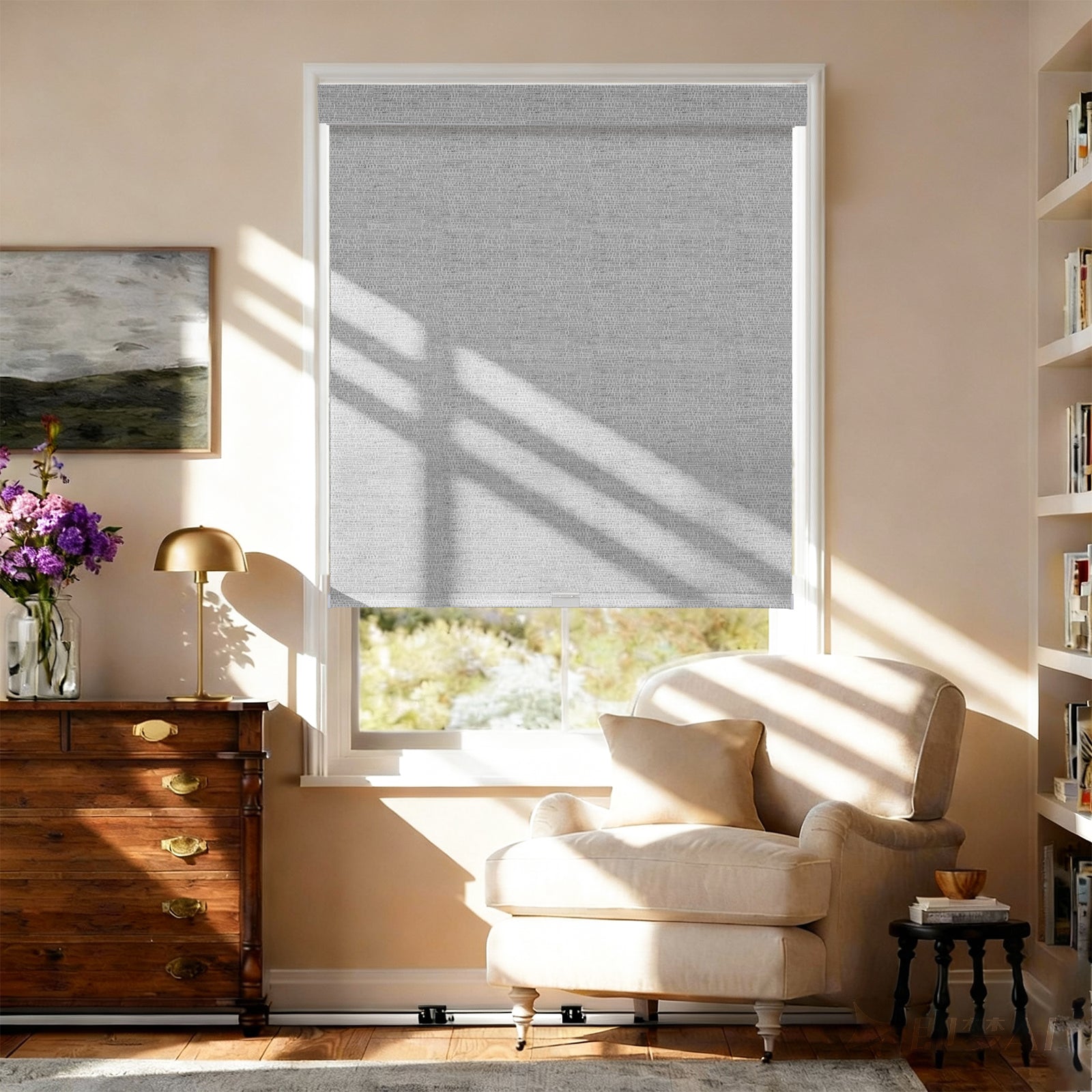 AOSKY No Drill No Tools Roller Shade White Grey front room scene 