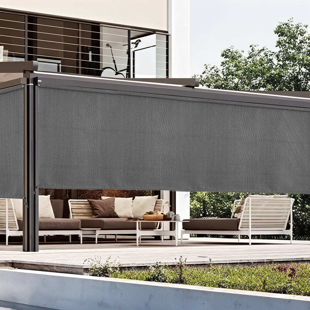 AOSKY Outdoor Blackout Roller Shade Grey side patio scene 