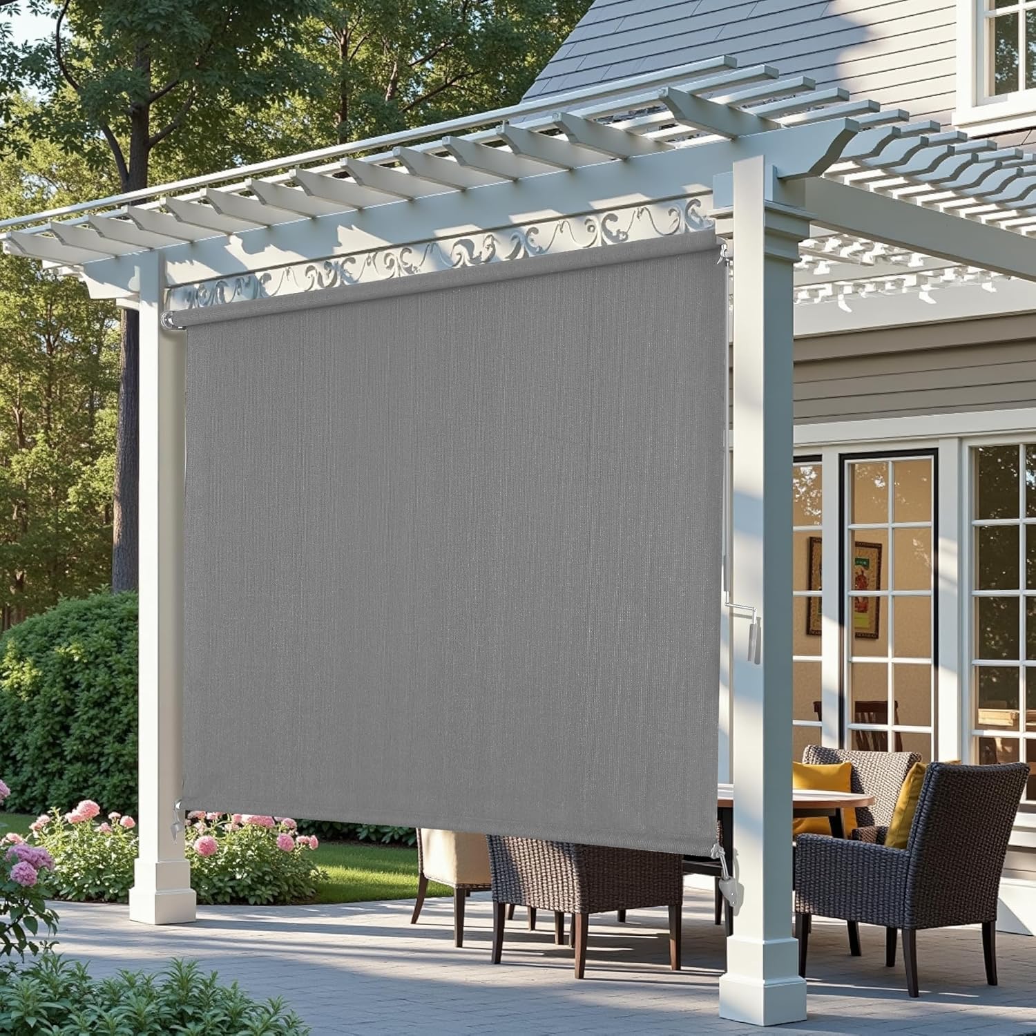 AOSKY Outdoor Blackout Roller Shade Grey pergola front scene 