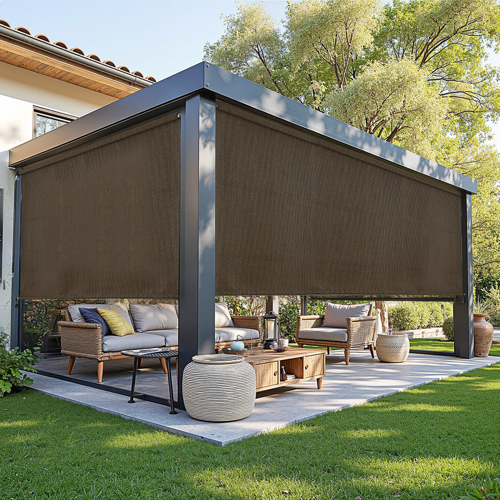 AOSKY Outdoor Blackout Roller Shade Mocha patio pergola scene 