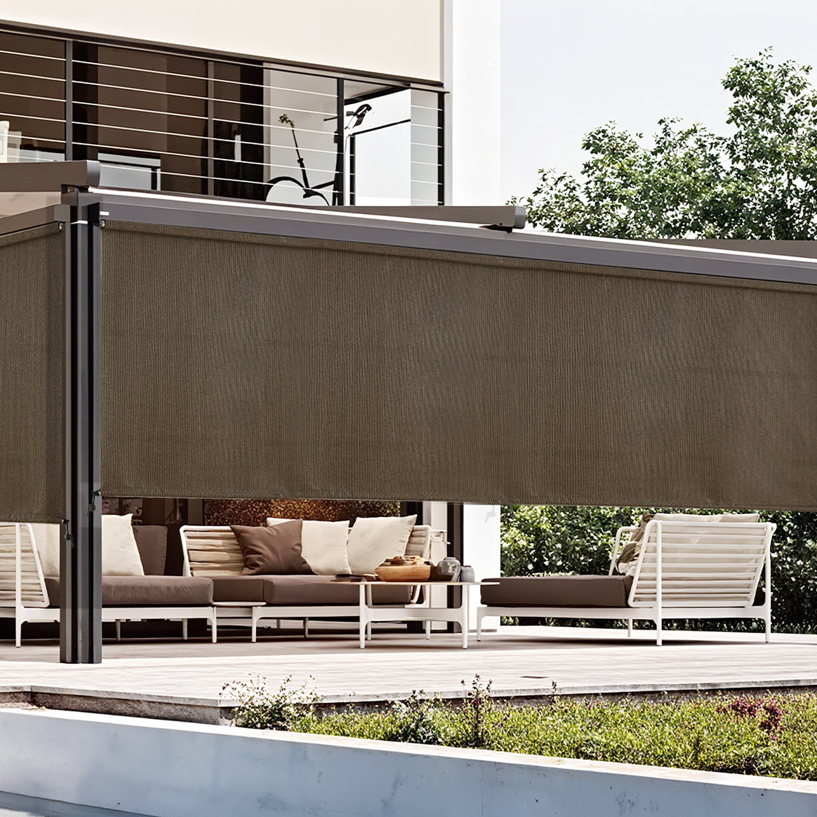 AOSKY Outdoor Blackout Roller Shade Mocha side patio scene 