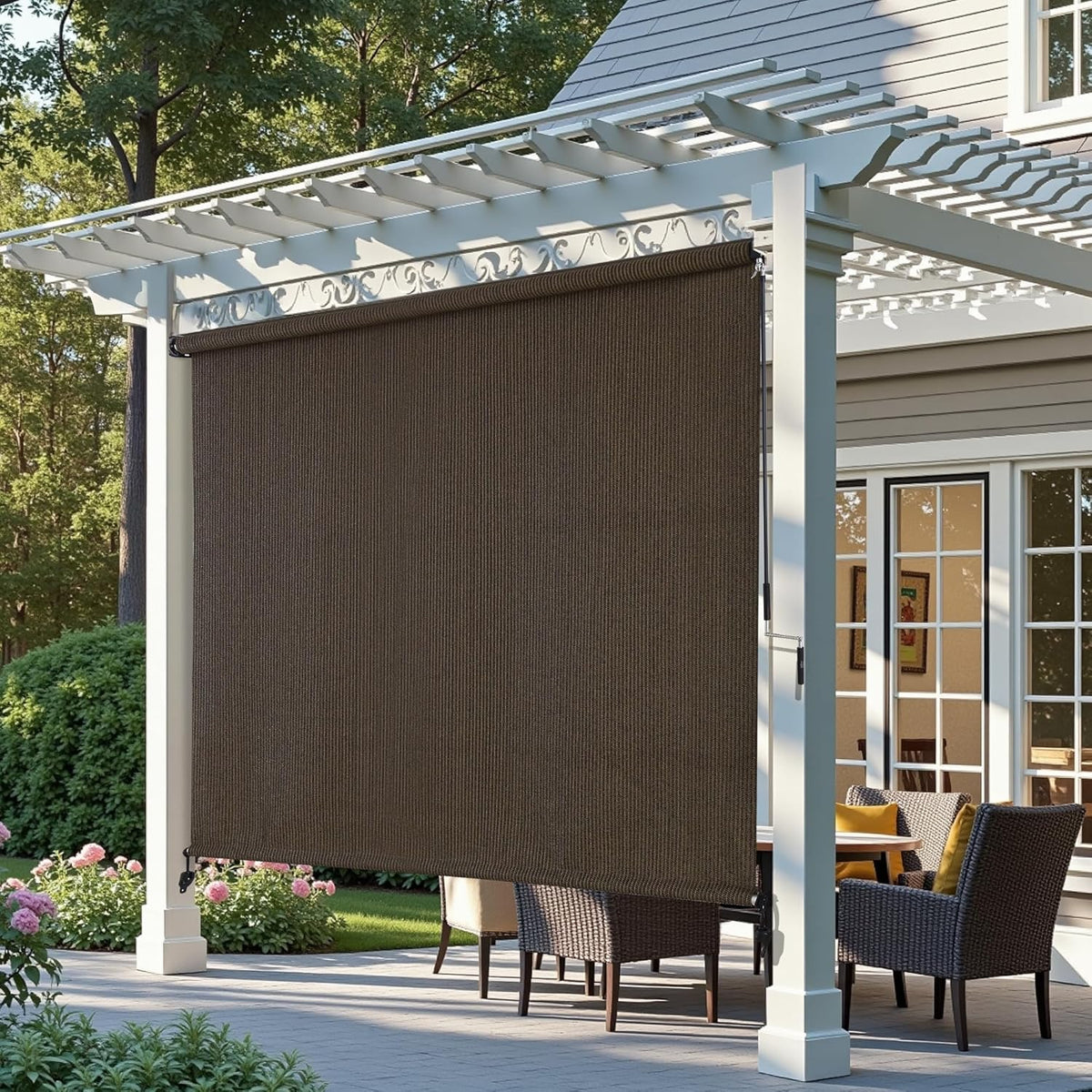 AOSKY Outdoor Blackout Roller Shade Mocha pergola front scene 