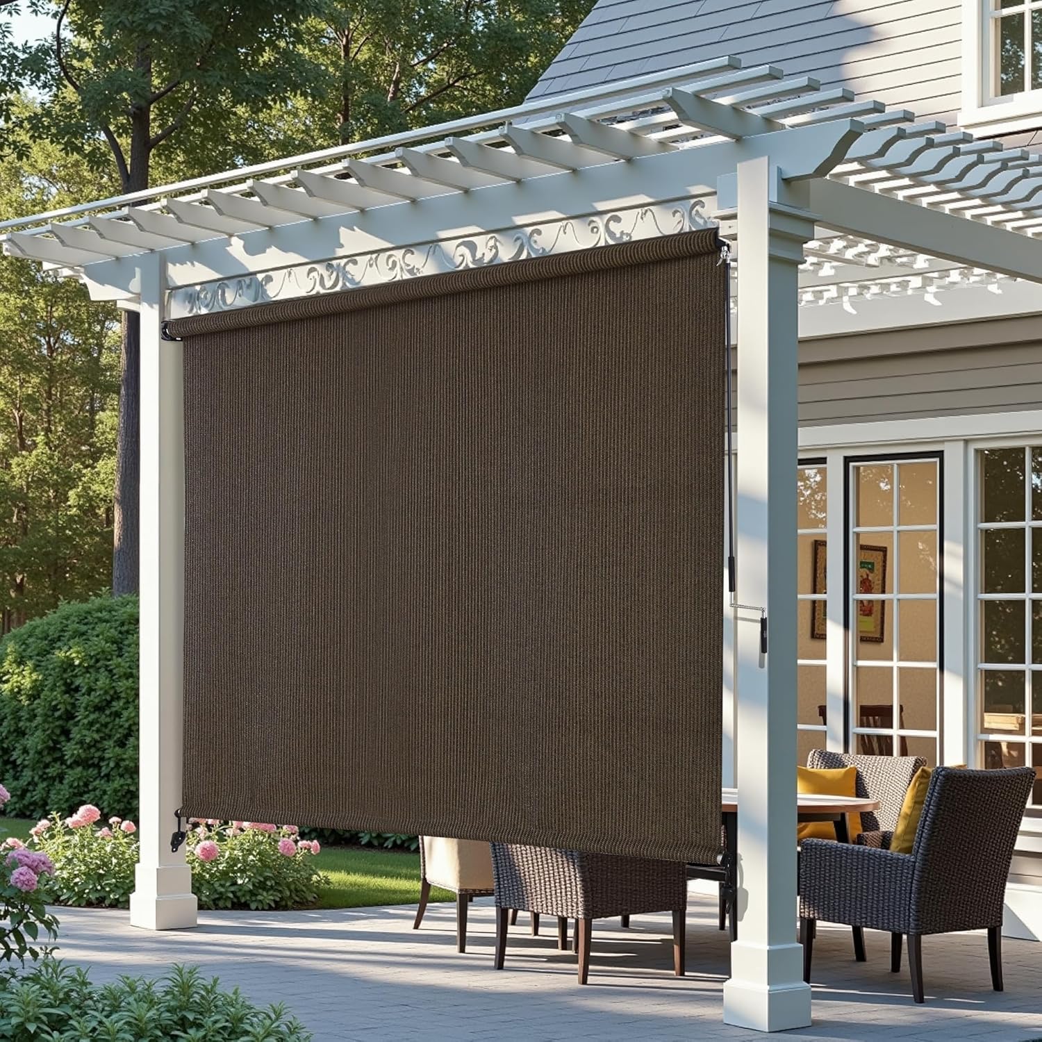 AOSKY Outdoor Blackout Roller Shade Mocha pergola front scene 