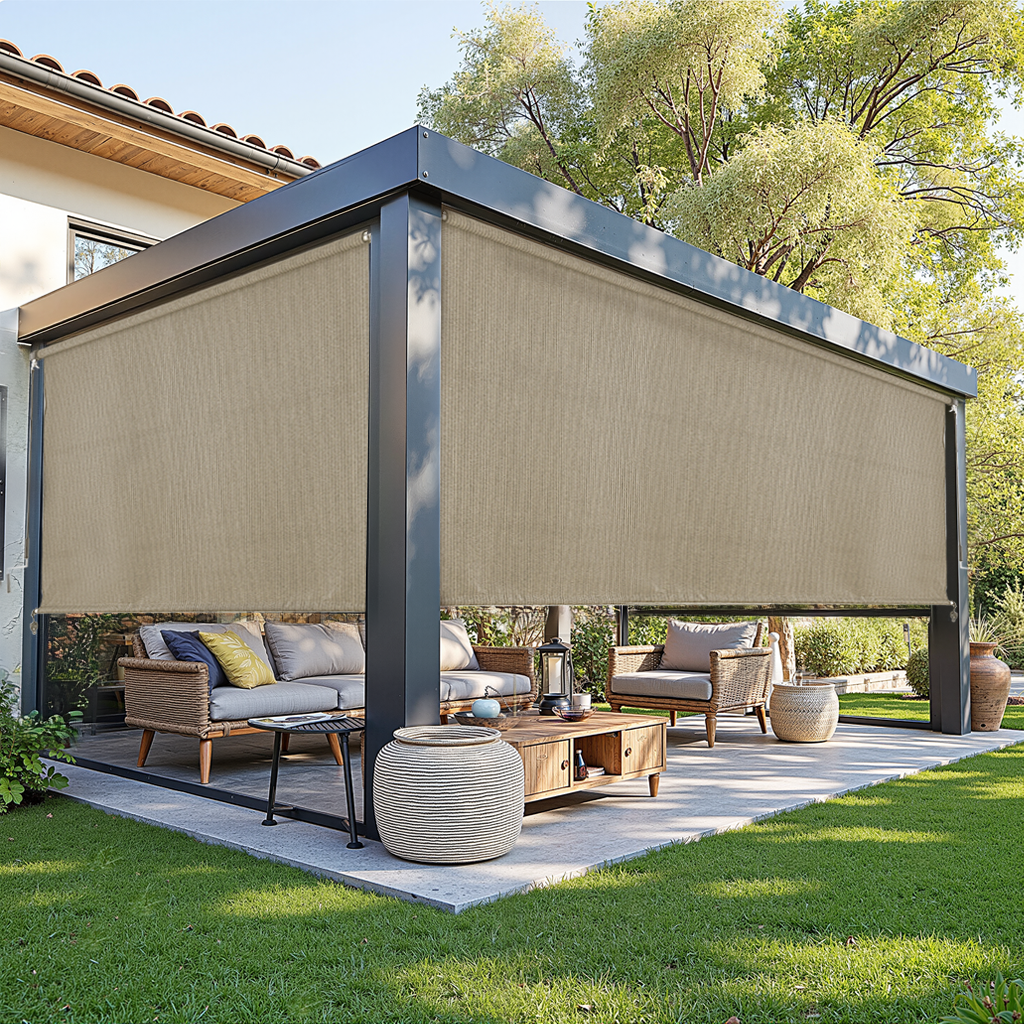 AOSKY Outdoor Blackout Roller Shade Sesame patio pergola scene 