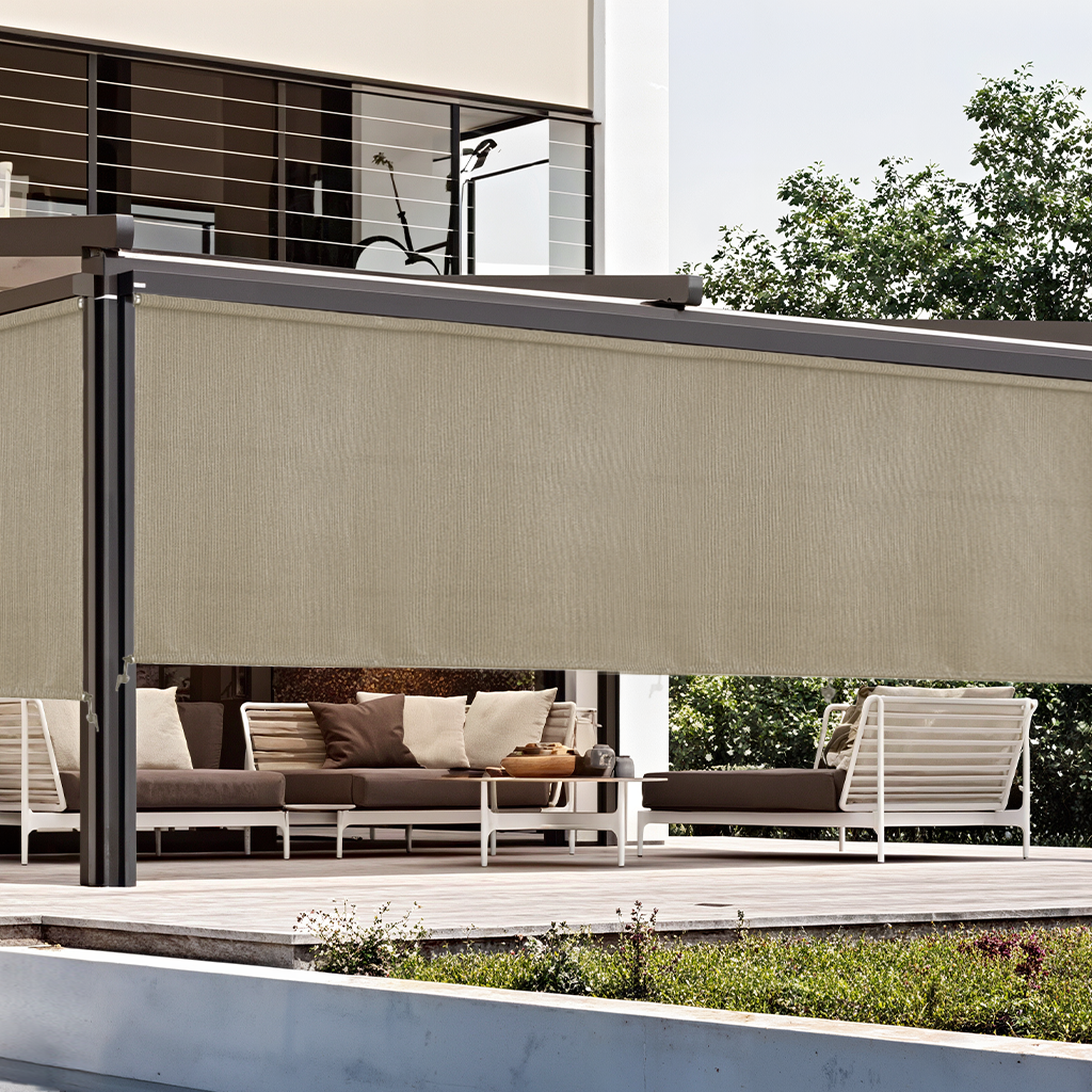 AOSKY Outdoor Blackout Roller Shade Sesame side patio scene 