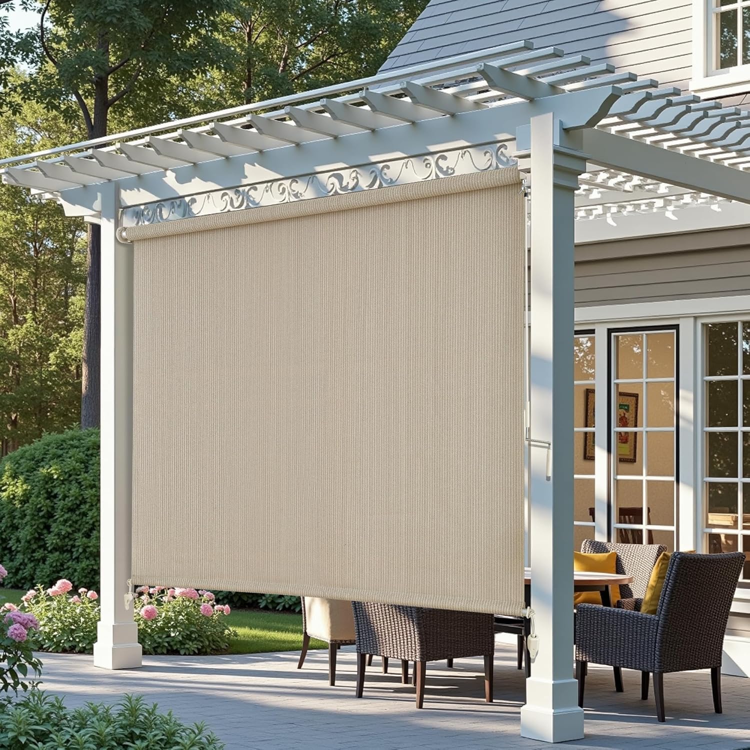 AOSKY Outdoor Blackout Roller Shade Sesame pergola front scene 