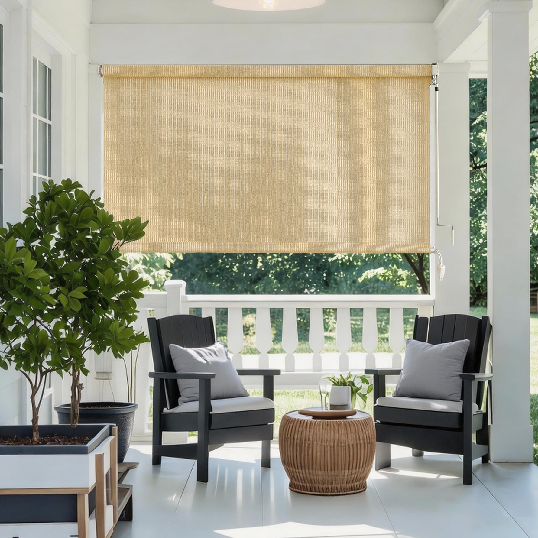 AOSKY Outdoor Blackout Roller Shade Wheat patio pergola scene 